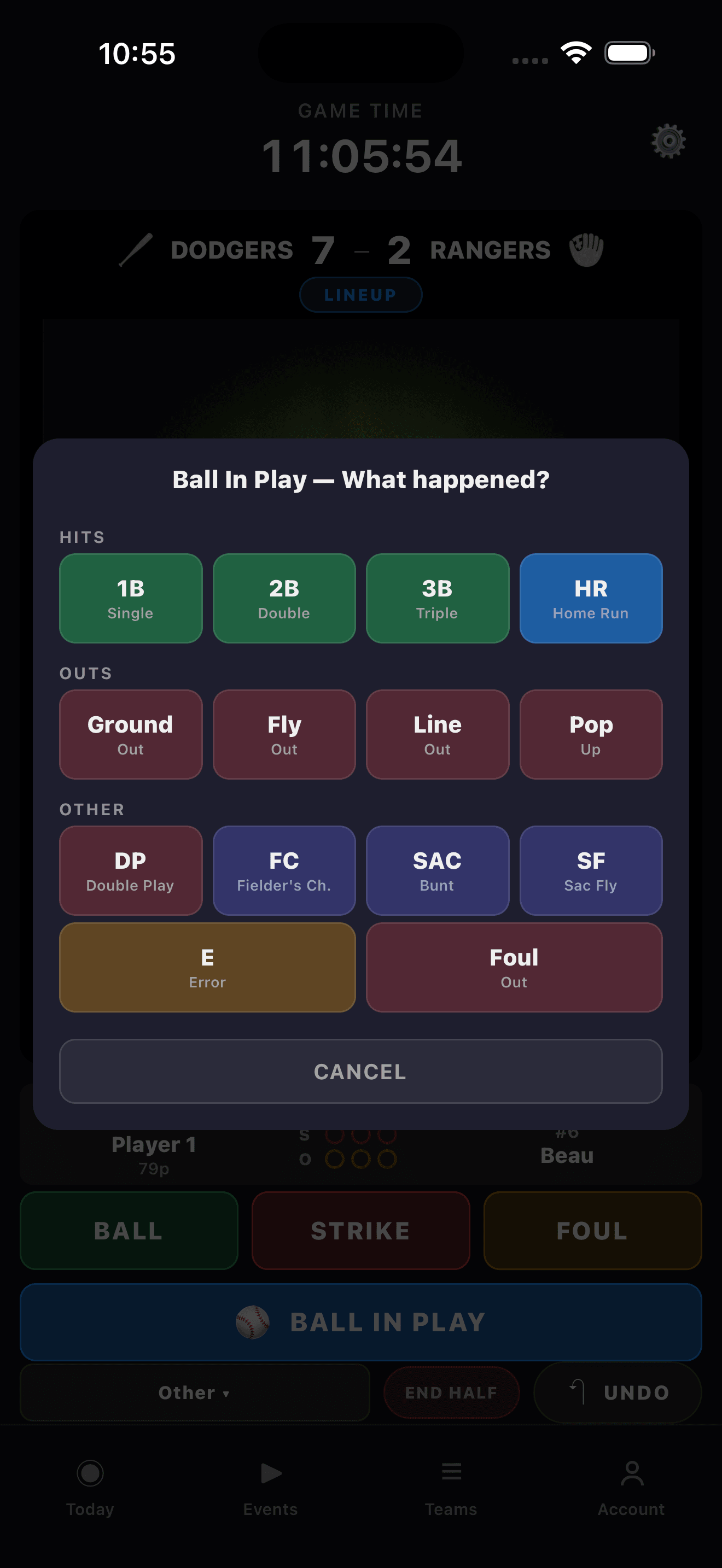 Stathlon ball-in-play outcome menu showing hits (1B, 2B, 3B, HR), outs (Ground, Fly, Line, Pop), and other outcomes (DP, FC, SAC, SF, Error, Foul Out)