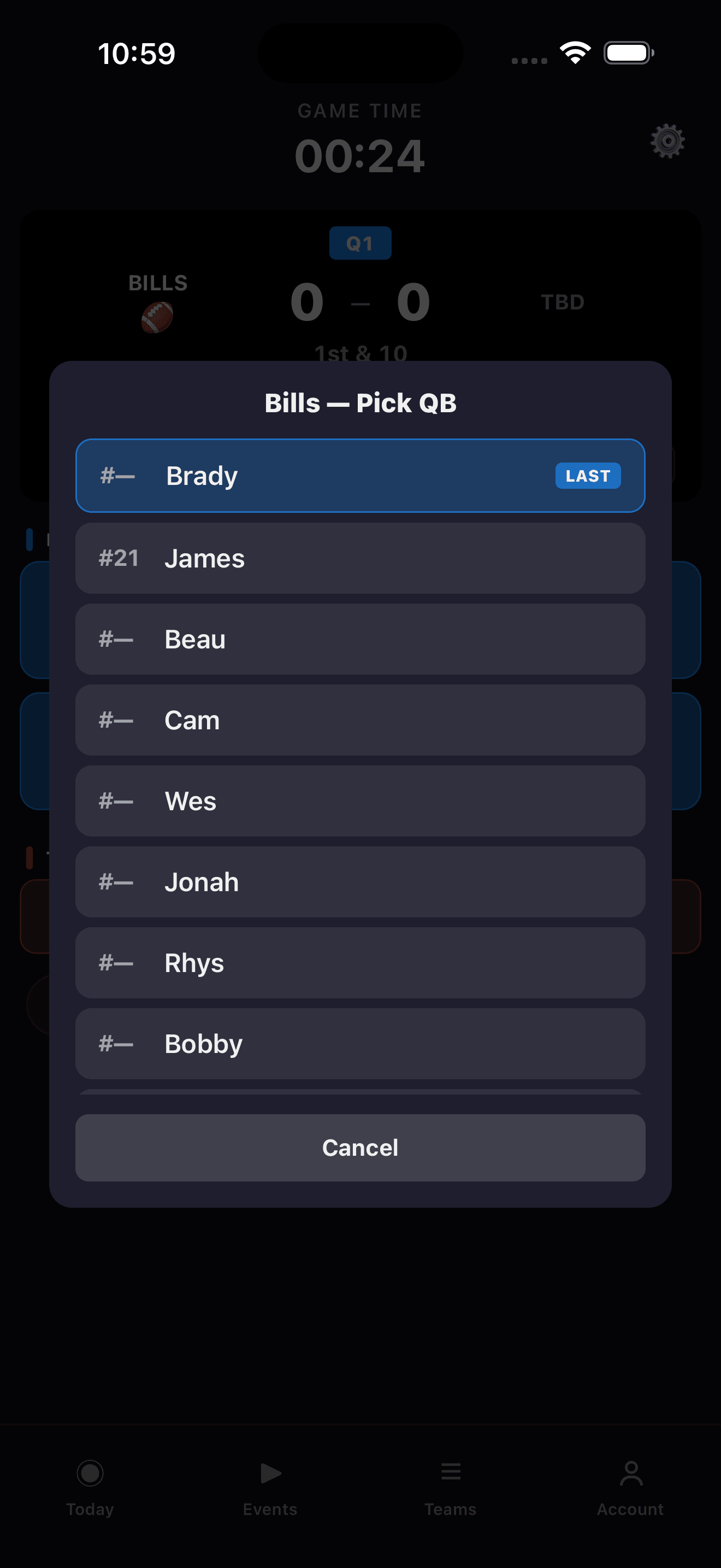 Stathlon player picker showing the Bills roster with Brady highlighted as LAST QB