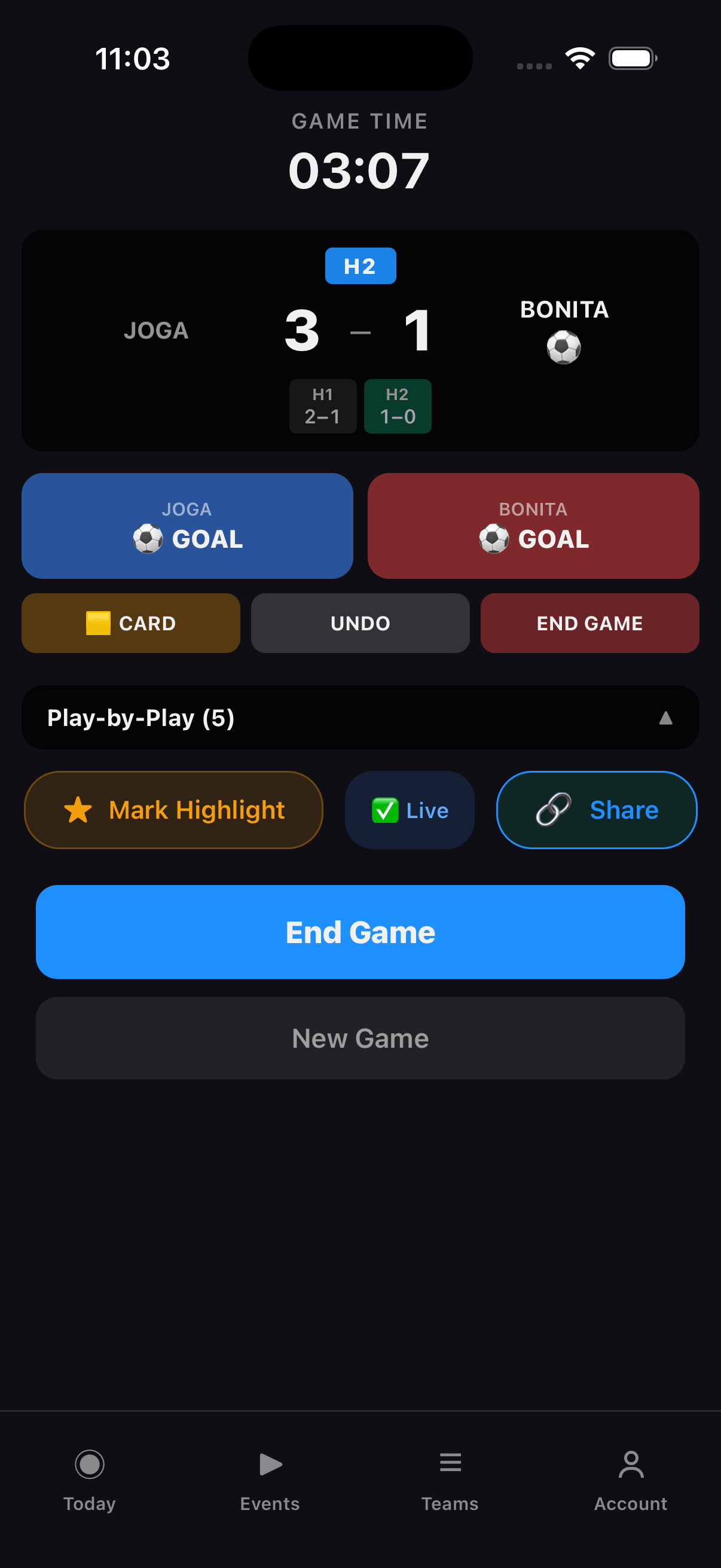 Stathlon soccer scoring screen at 3-1 in the second half