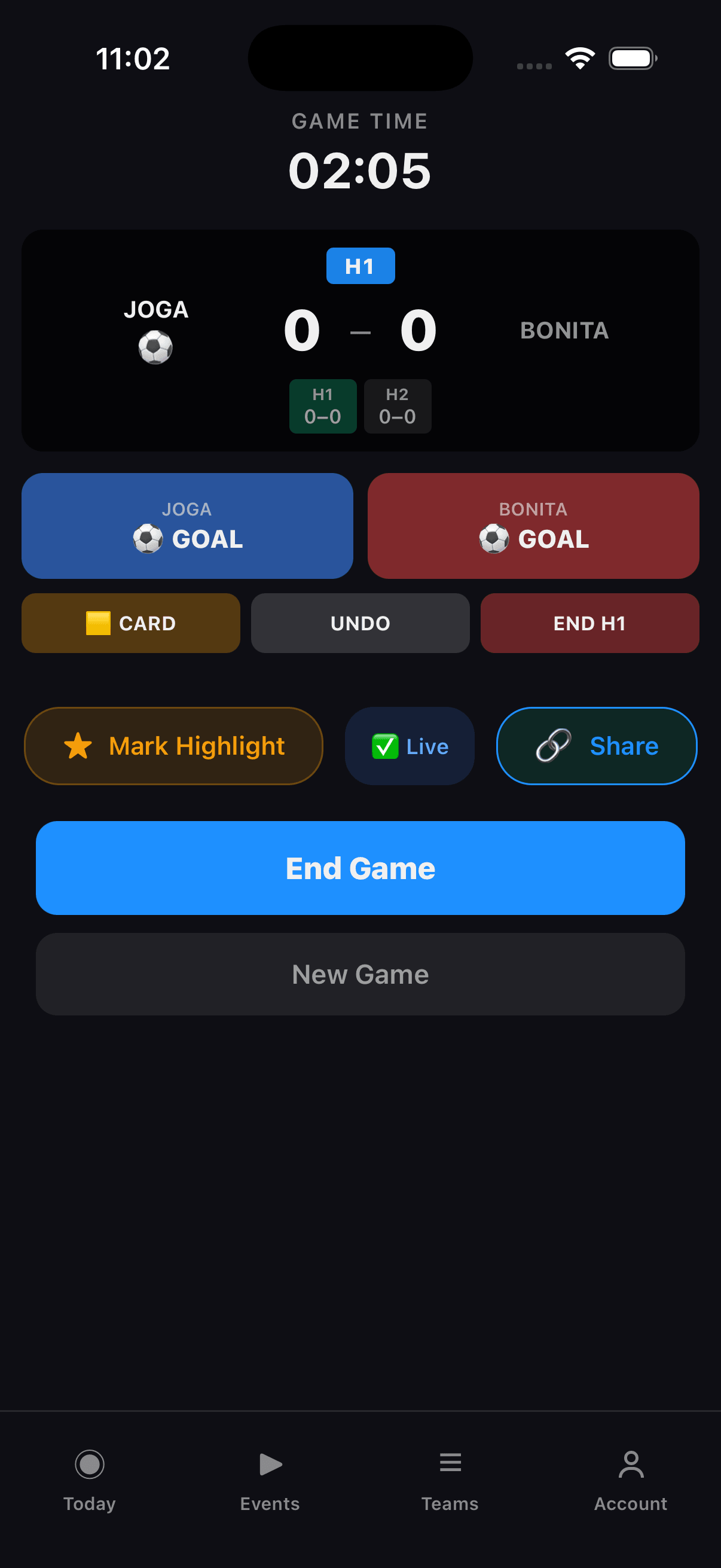 Stathlon soccer scoring screen at 0-0 showing two GOAL buttons