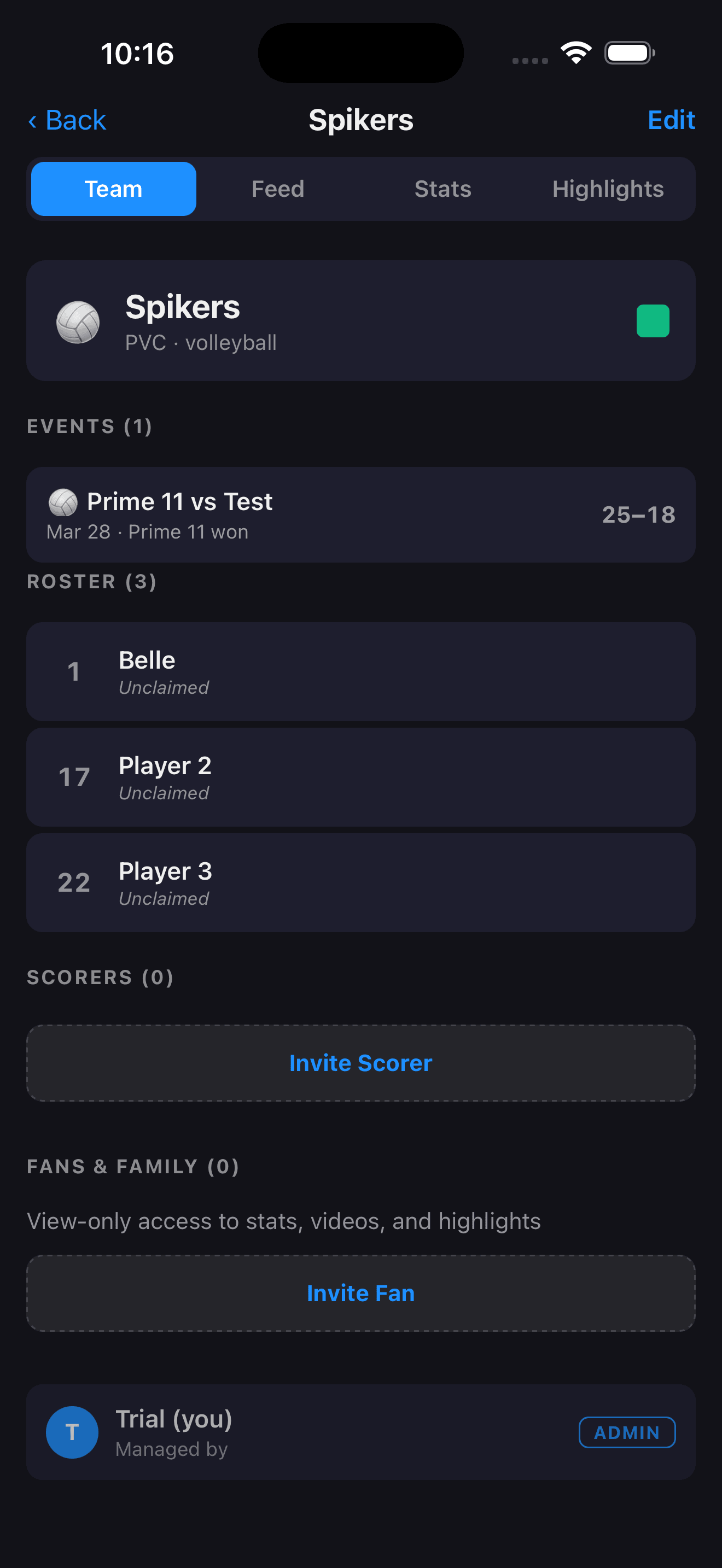 Team detail screen showing roster and members