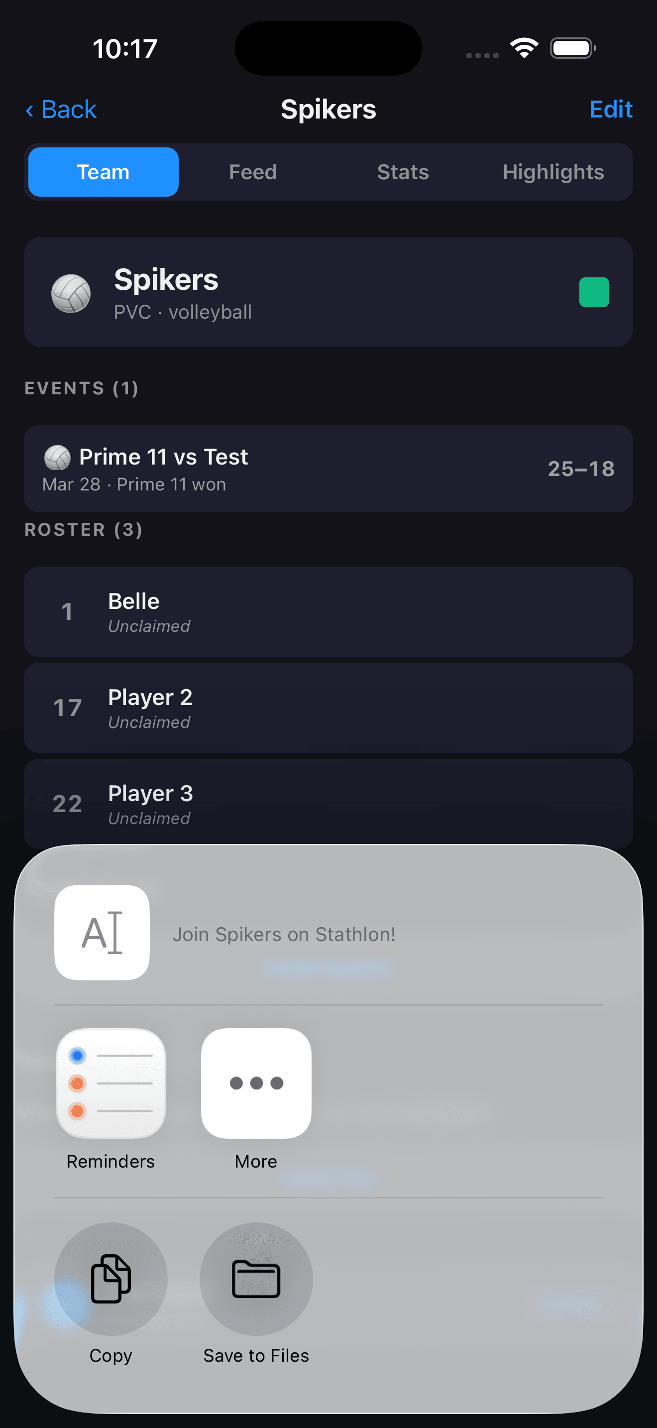 Share sheet after tapping Invite Fan