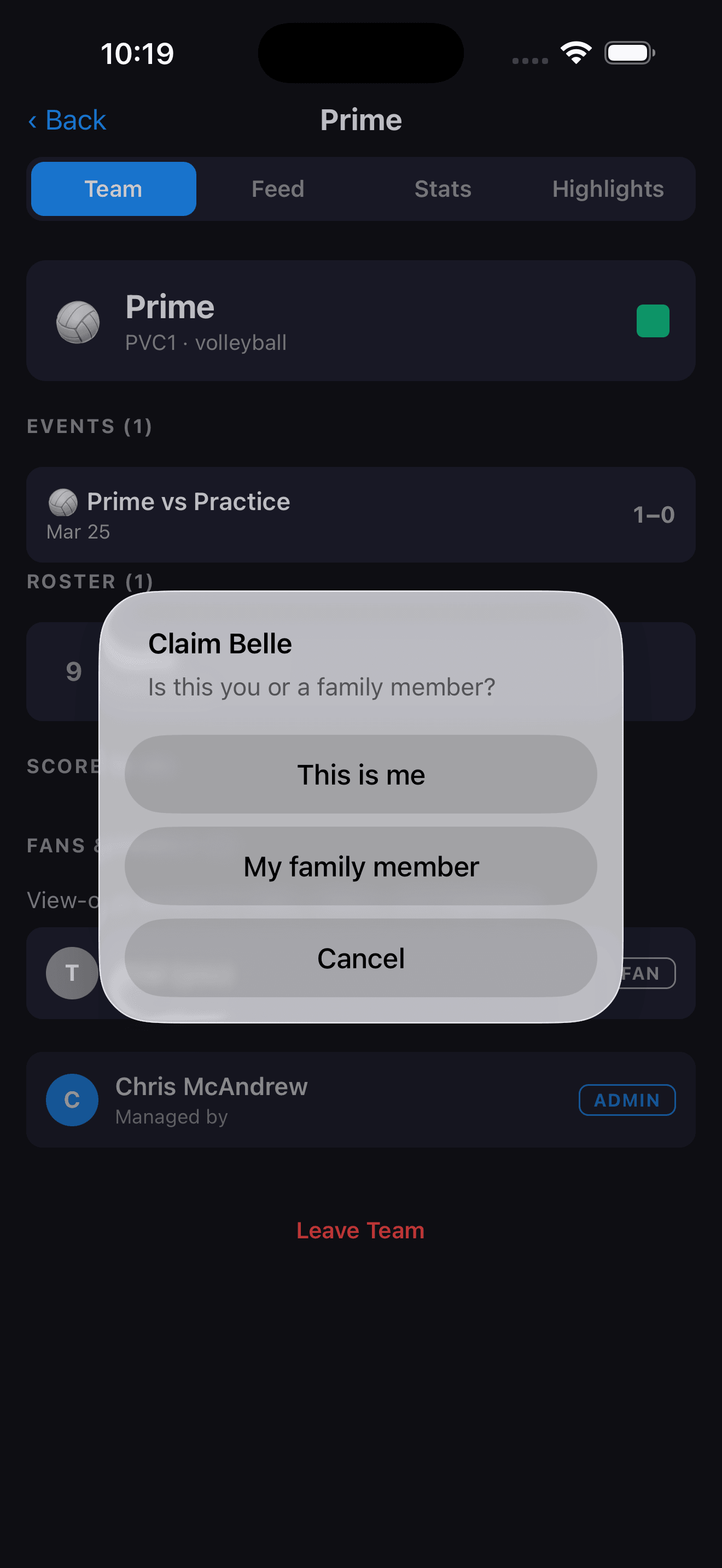 Roster showing Claim button next to a player