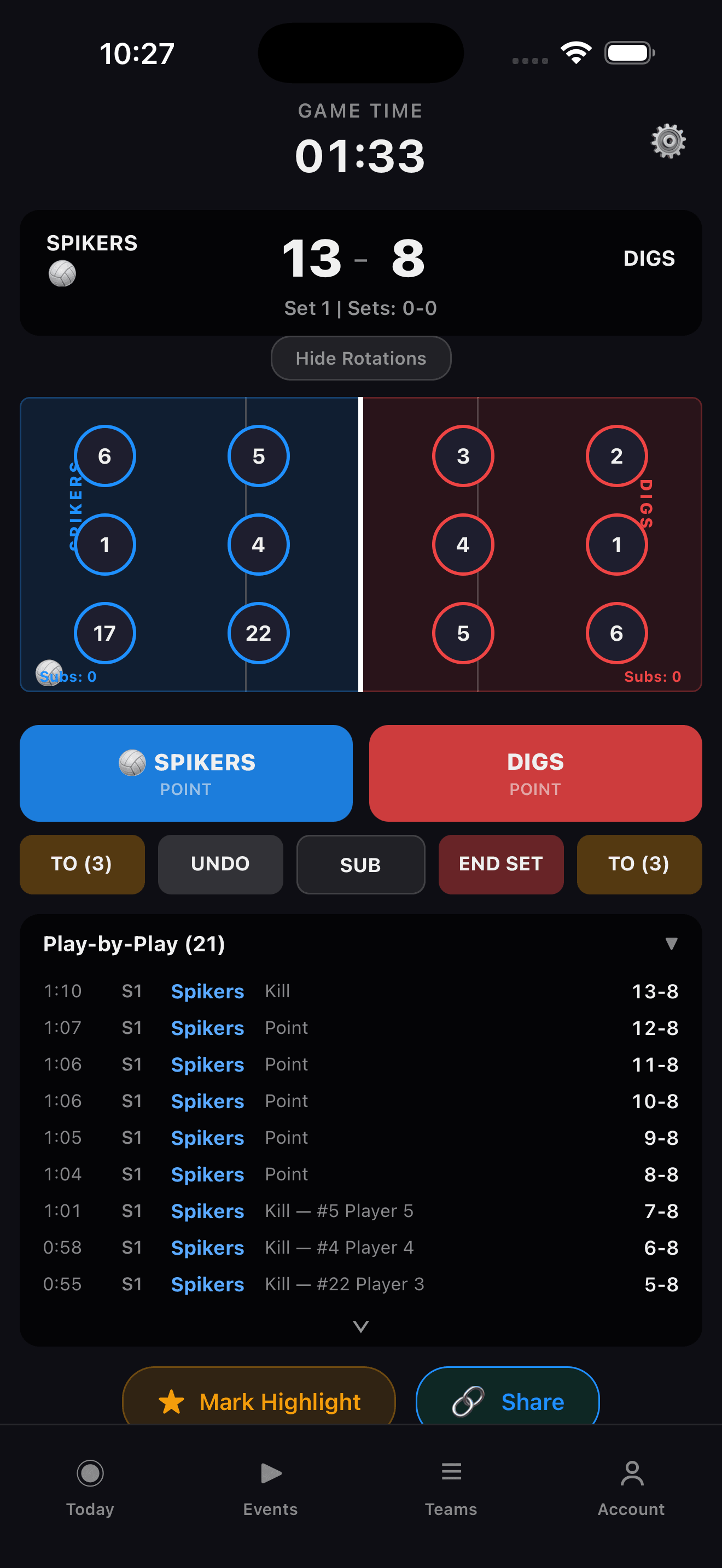 Football scoring screen with player picker