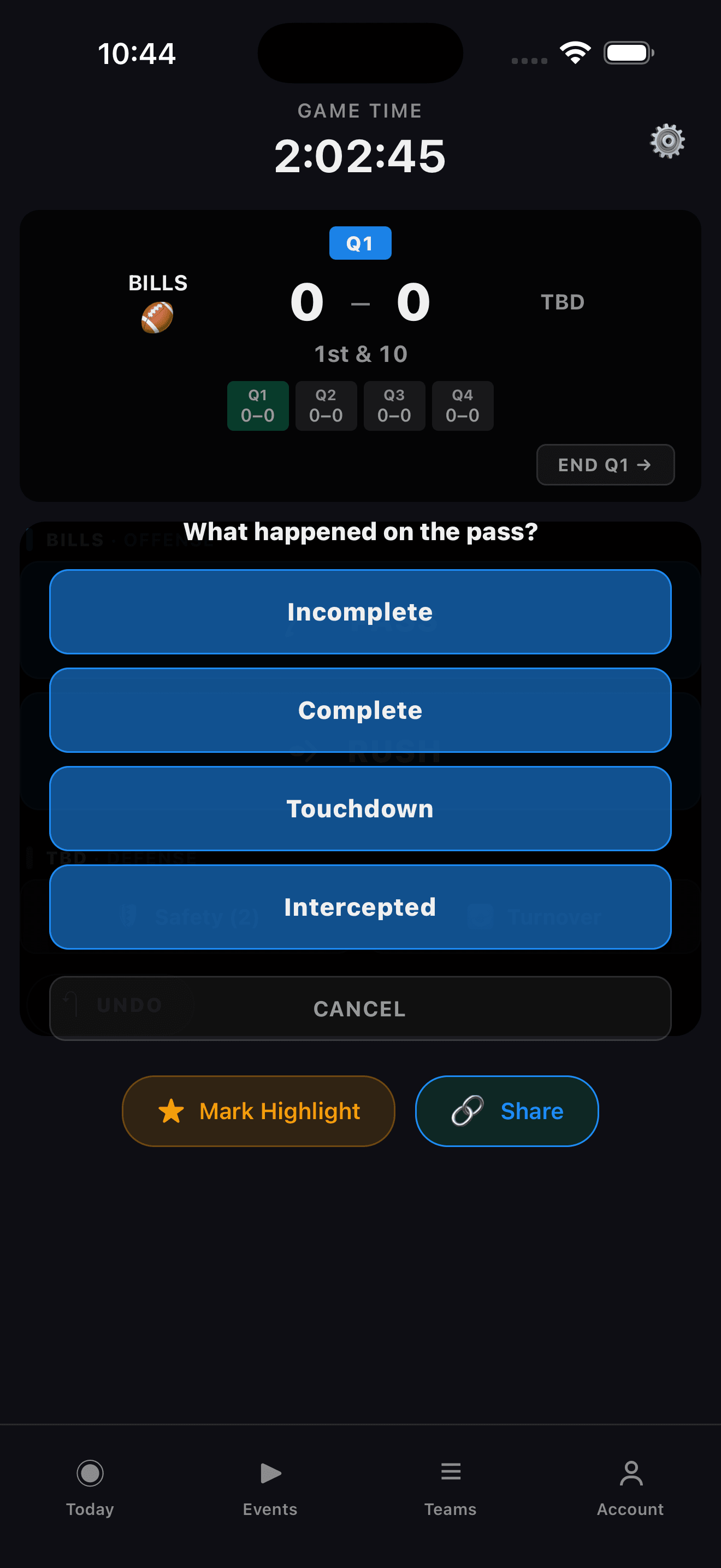 Stathlon pass outcome menu showing Incomplete, Complete, Touchdown, and Intercepted options