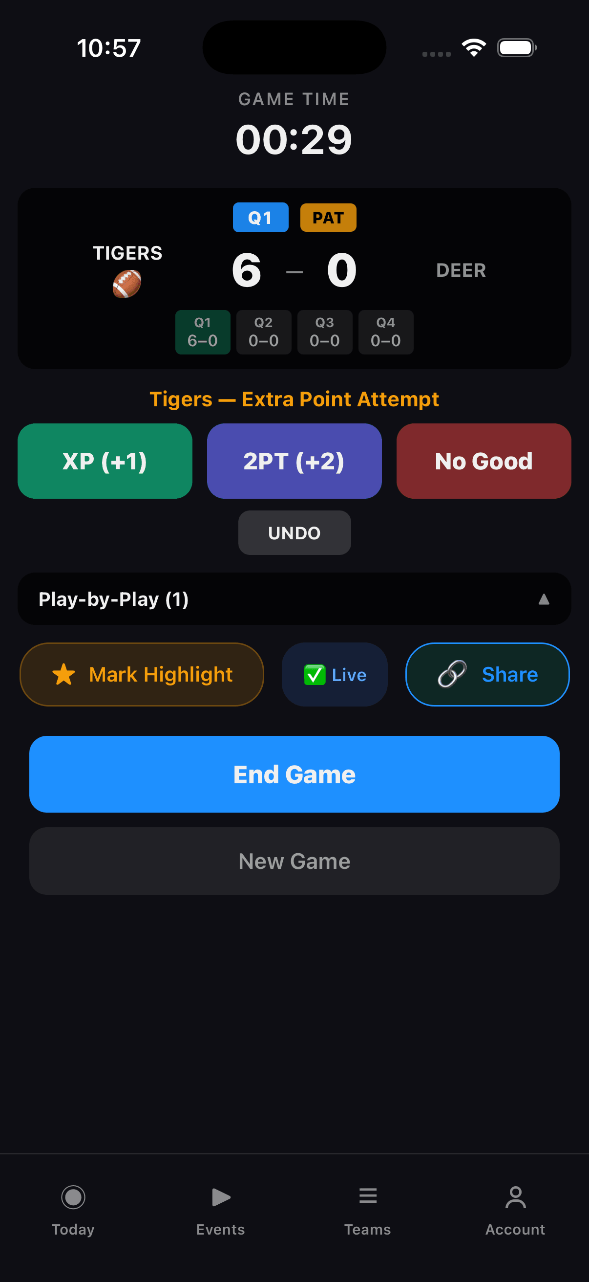Stathlon flag football PAT screen showing XP (+1), 2PT (+2), and No Good buttons
