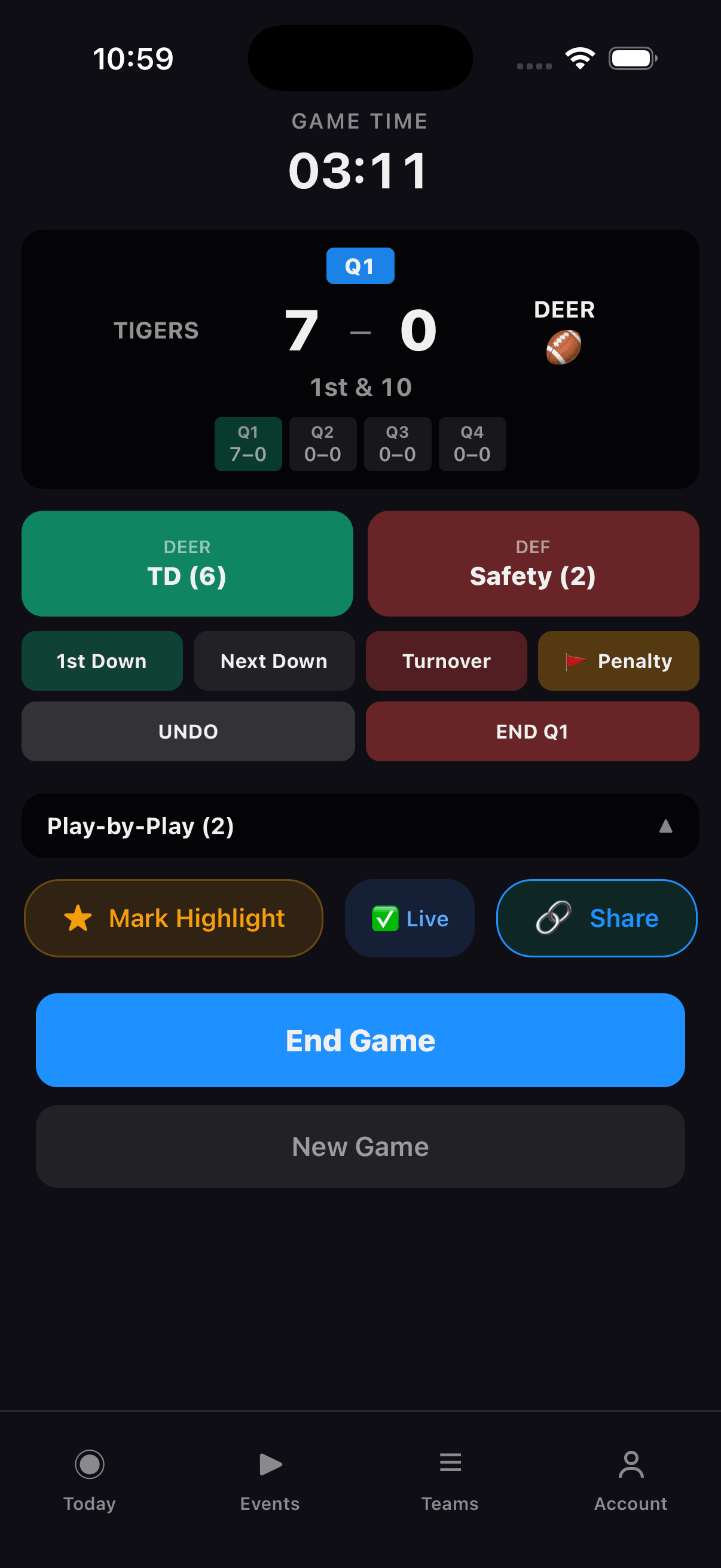 Stathlon flag football scoring screen showing TD and Safety buttons