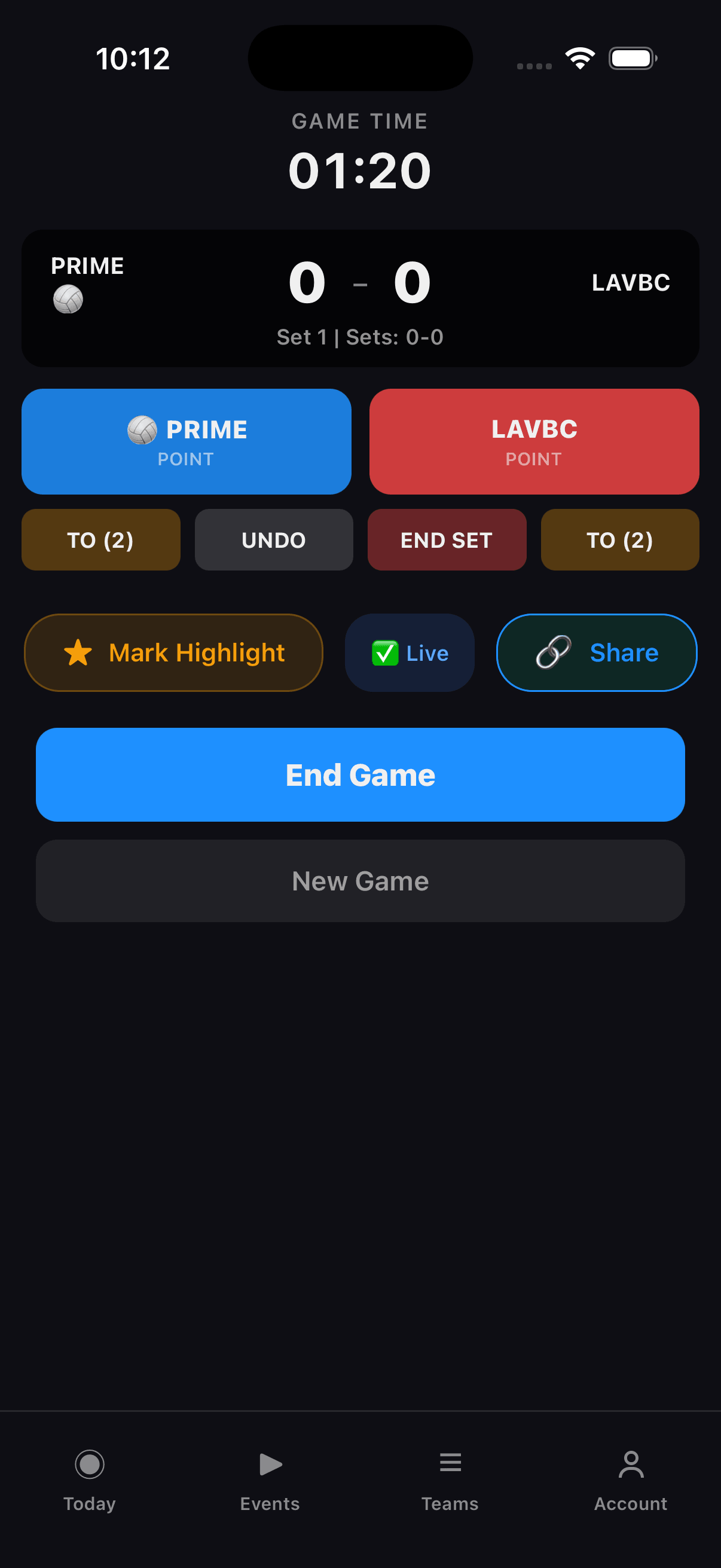 Stathlon volleyball scoring screen at 0-0 showing two POINT buttons