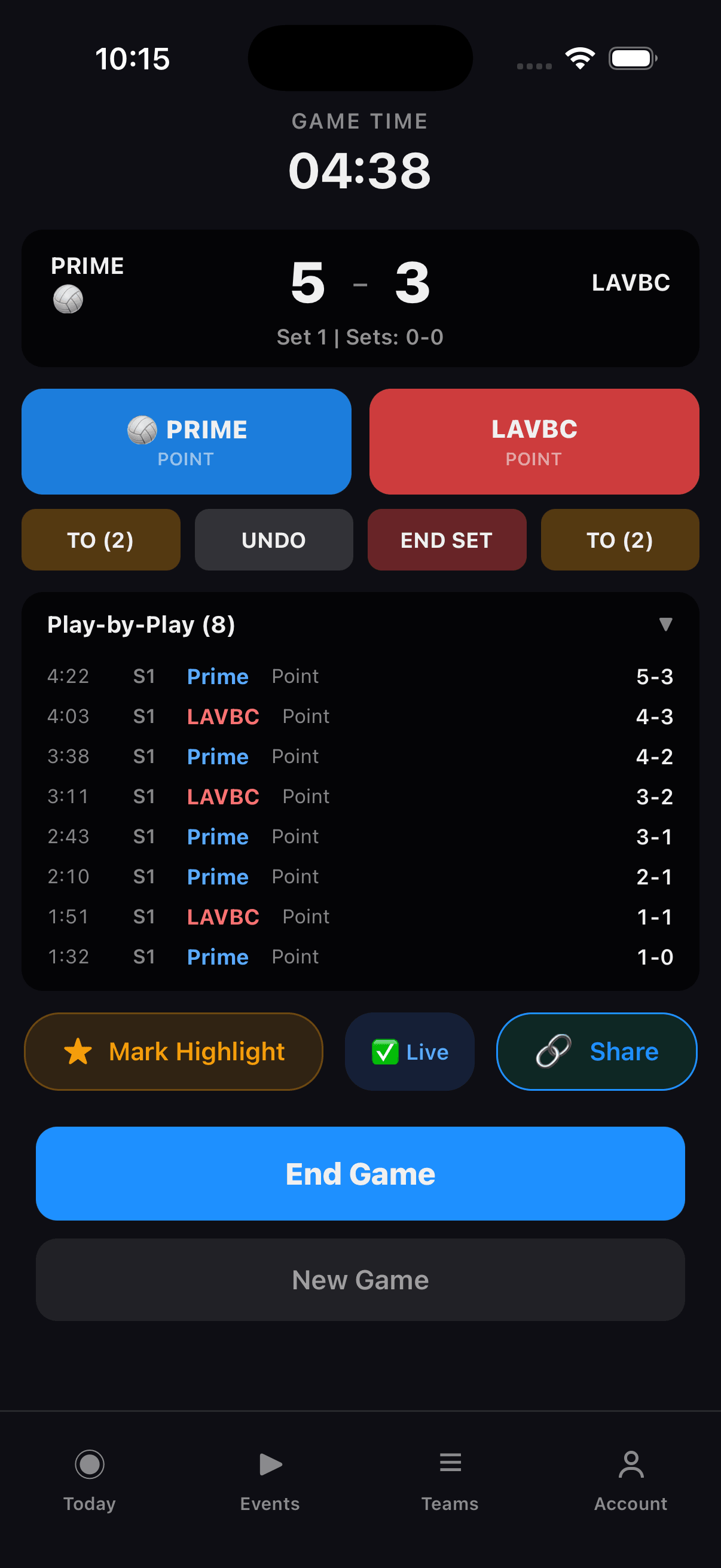 Stathlon scoring screen at 5-3 with play-by-play log