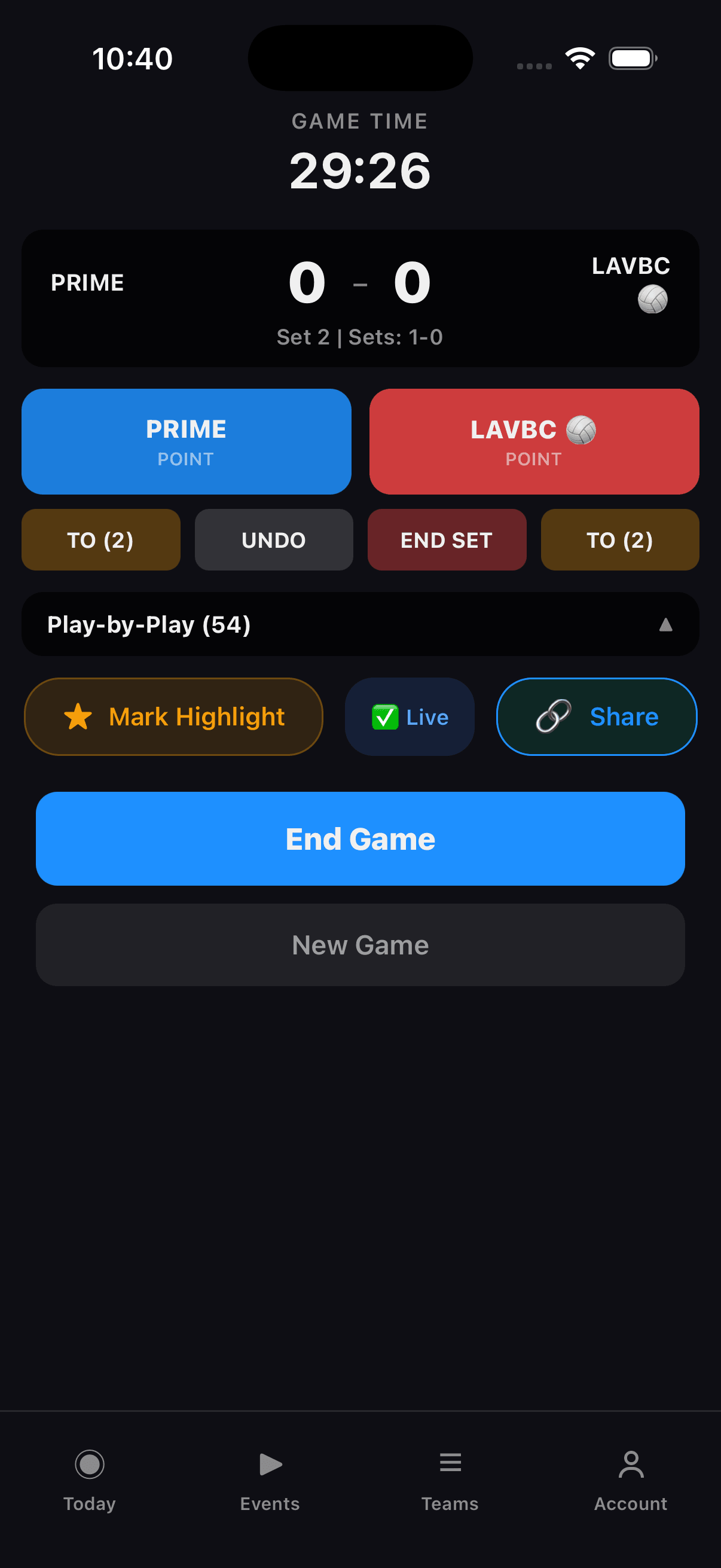Stathlon scoring screen showing Set 2 at 0-0, Sets: 1-0