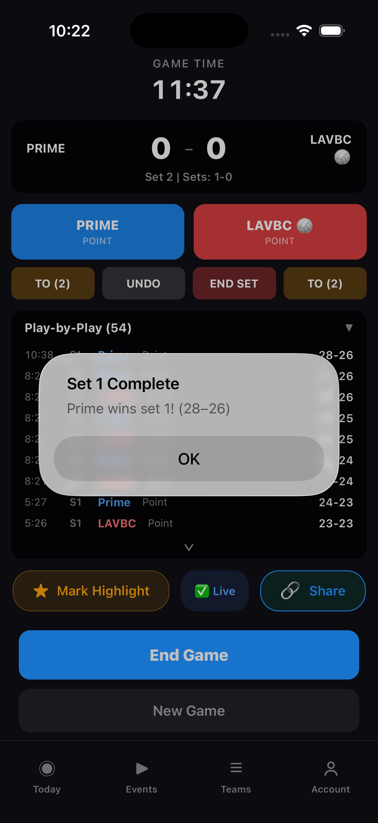 Stathlon showing Set 1 Complete alert — Prime wins 28-26