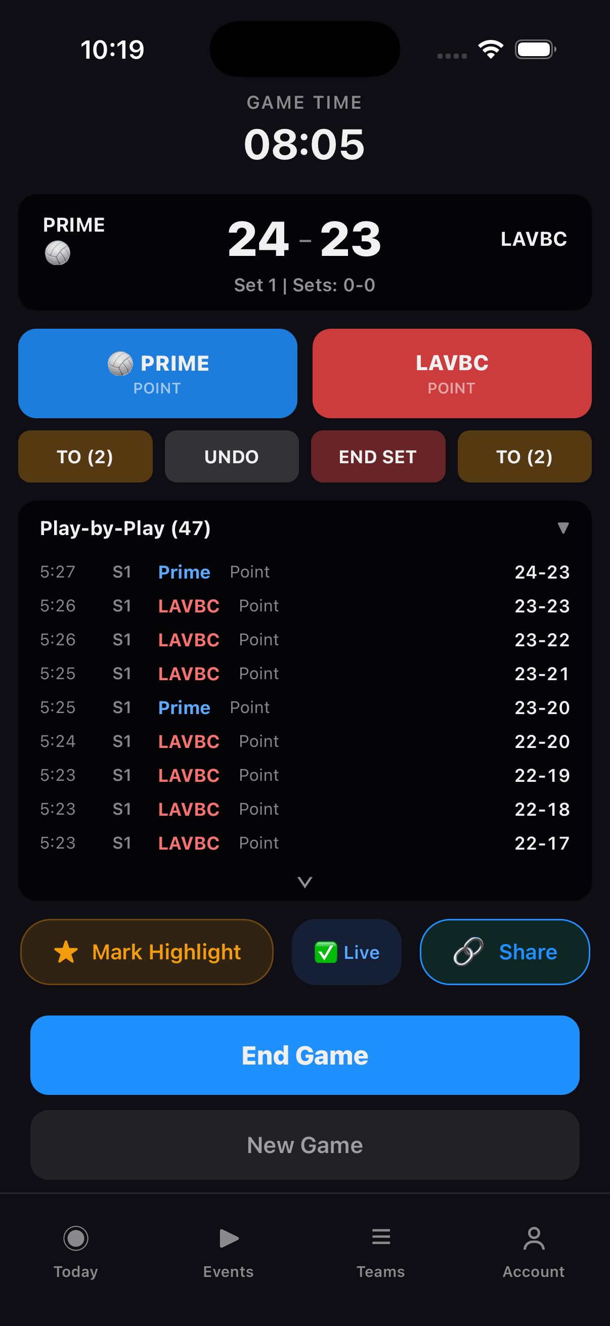 Stathlon scoring screen at 24-23, set point