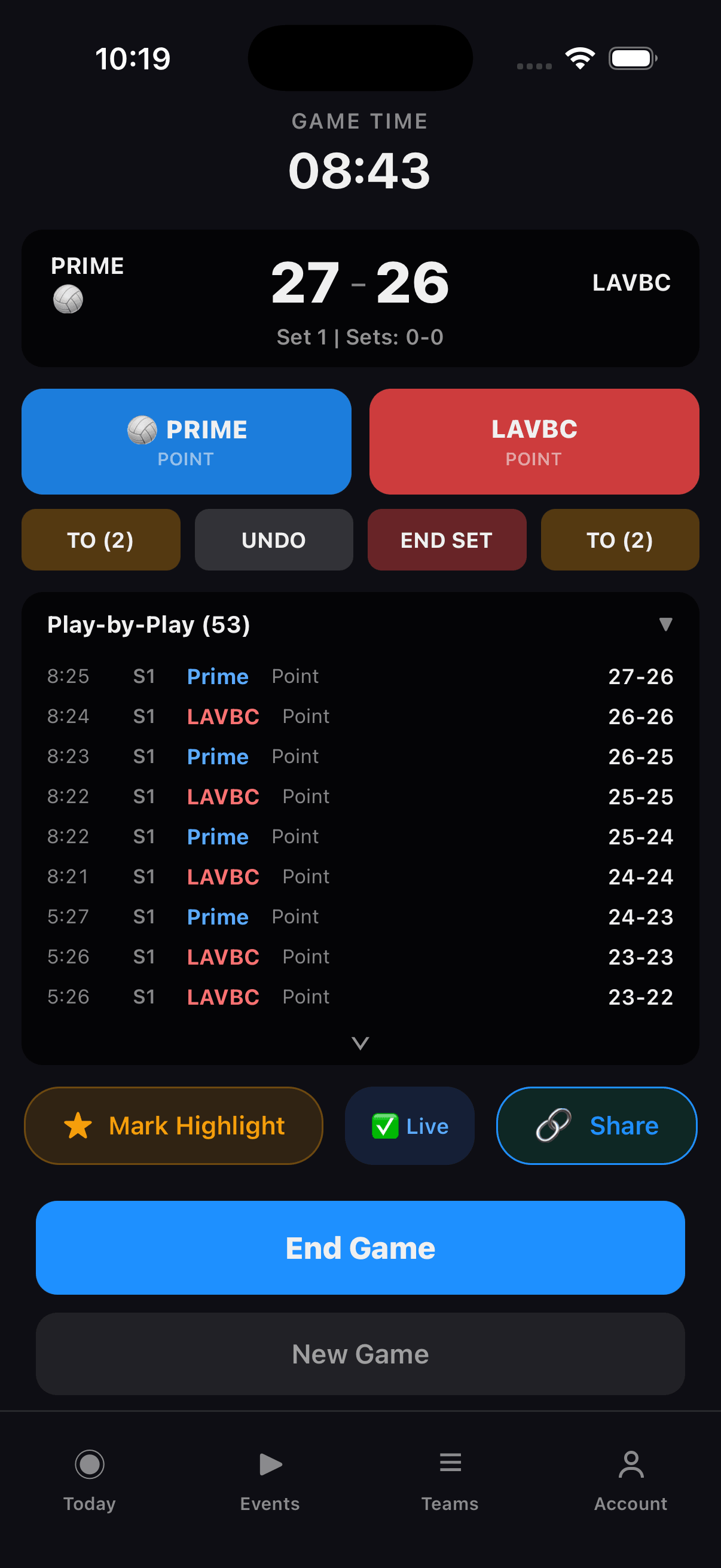 Stathlon scoring screen at 27-26, extended set